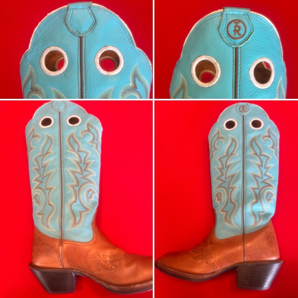 Tony Lama Brown Leather Cowboy Boots with Turquoise Stitching - Picture 6 of 7